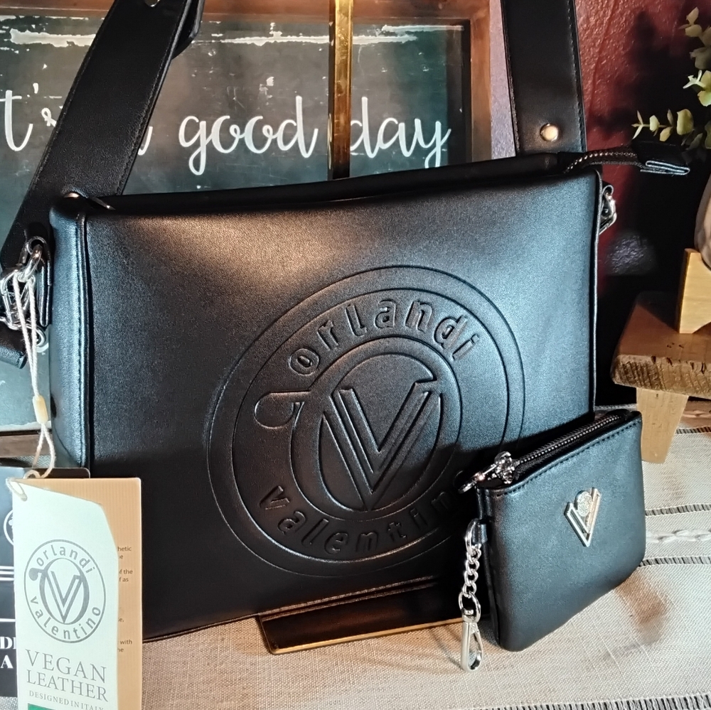 Orlandi Valentino black vegan leather shoulder bag crossbody with pouch NWT